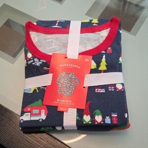 Wondershop Navy Holiday Pajama Top with Red Trim and Multicolor Print